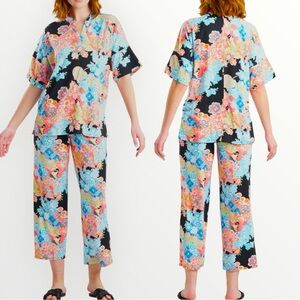 Natori Geisha Garden Cozy Knit PJ Pajamas Set Women's Large Pull On Pants Top